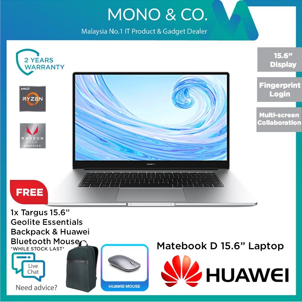HUAWEI MATEBOOK D 15.6 1920x1080 (1080P) NOTEBOOK LAPTOP AMD RYZEN 5 3500U - FREE HUAWEI BLUETOOTH MOUSE & TARGUS GEOLITE 15.6 ESSENTIALS BACKPACK Malaysia