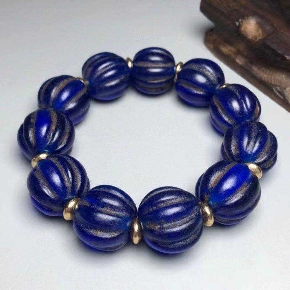 Antiques Miscellaneous Buddha Beads Hand String Colored Glass Hand String Blue Glazed Melon Beads Diameter 20mm