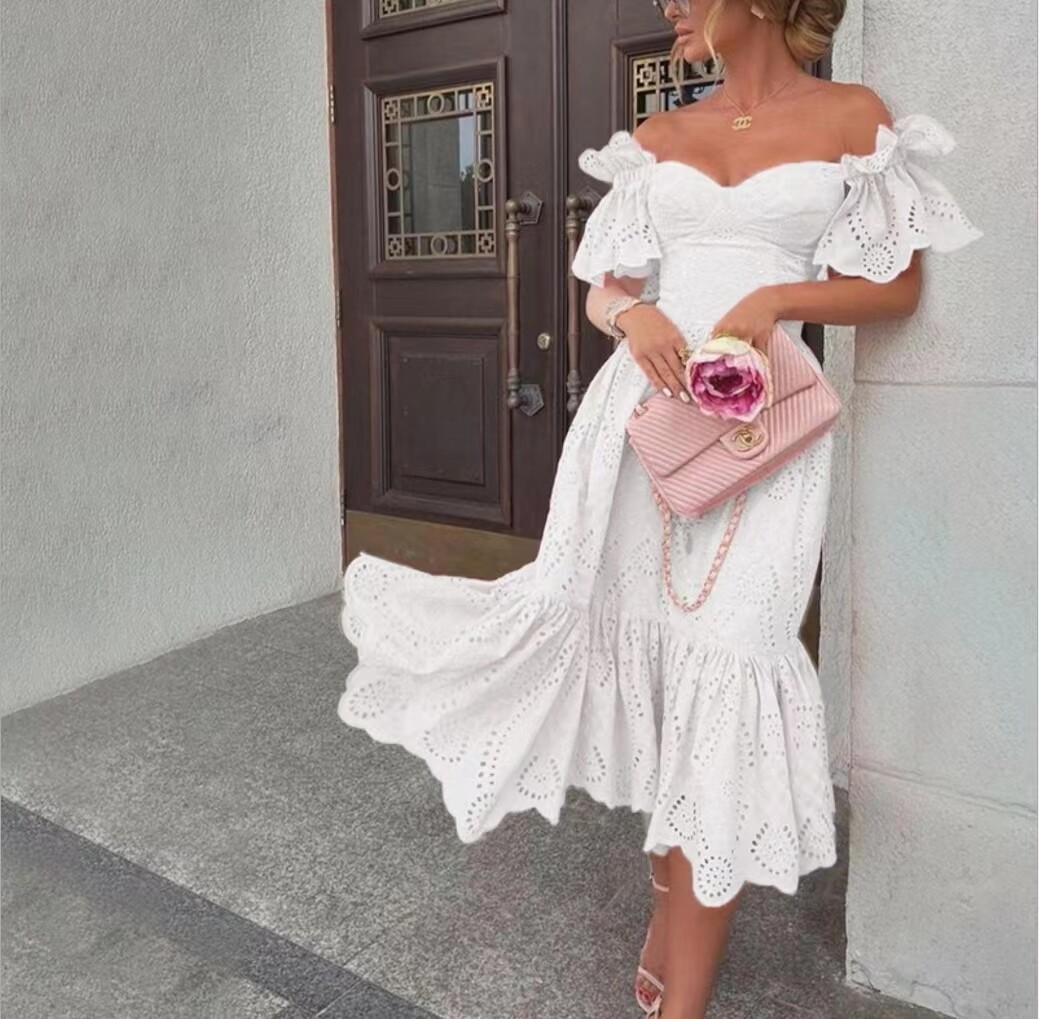Chaopai Embroidery Hollow out Goddess Sexy Wrapped Chest Open Shoulder Lotus Leaf Sleeves High Waist Slim Holiday Dress