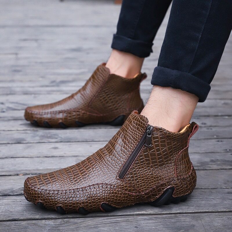 High quality Winter Men Boots Vintage English Style Real Leather Crocodile Big Size 38~47