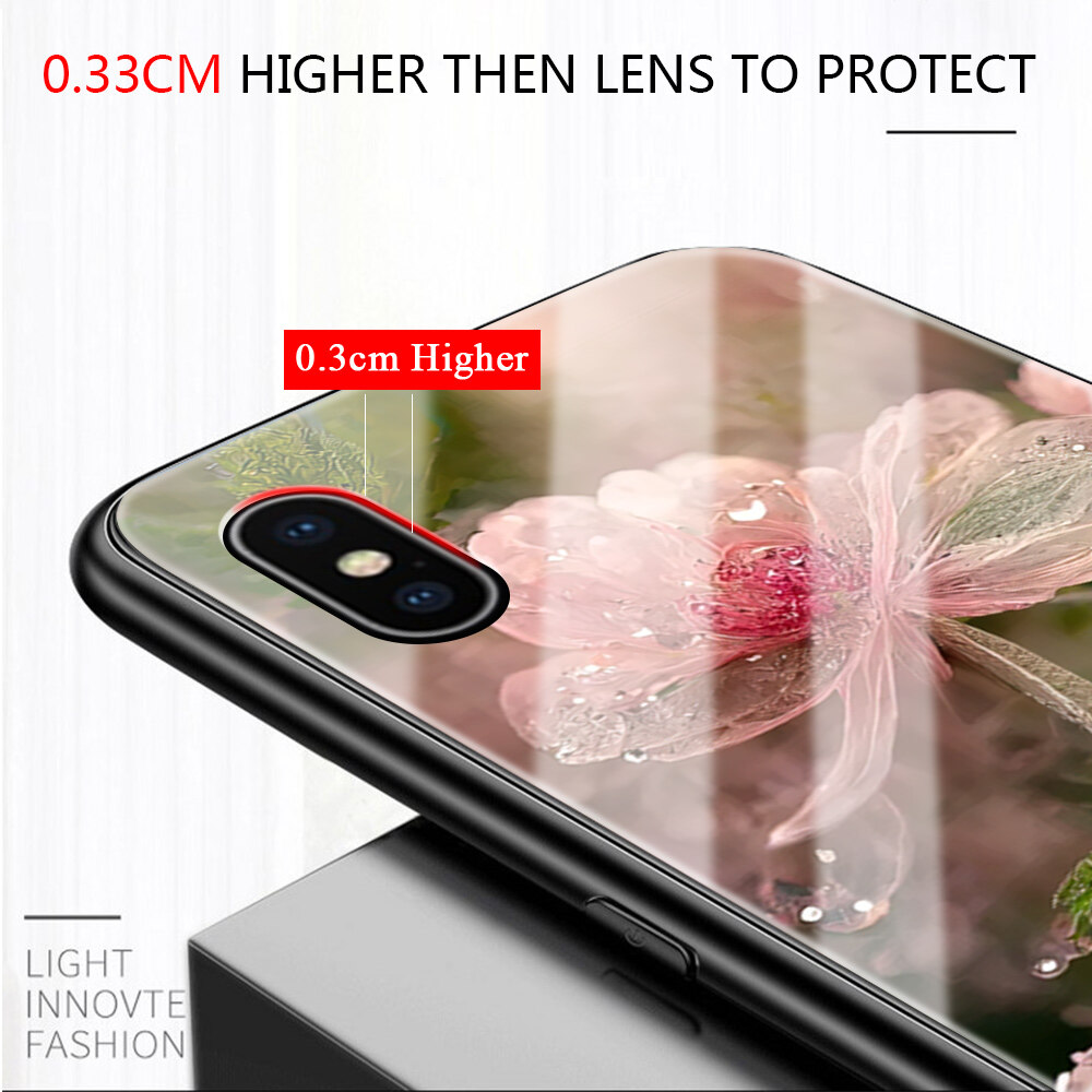 Jizetin Phone Casing For Xiaomi Redmi Note6 Note7 Note8 Note 8 Pro Note 8T Luxury Pink Flowers Crystal High Definition Design Shockproof Glossy Case Tempered Glass Back Cover Casing