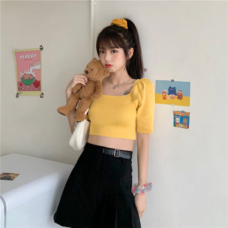 Square Collar Wild Short Slim Thin Puff Sleeve Short Sleeve T-shirt