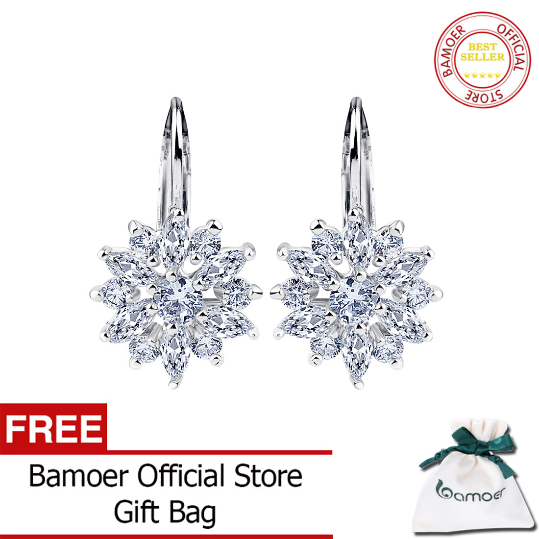 BAMOER Free Shpping Luxury Champagne Gold Flower Stud Earrings with Zircon Stone Women Birthday Gift Bijouterie JIE014