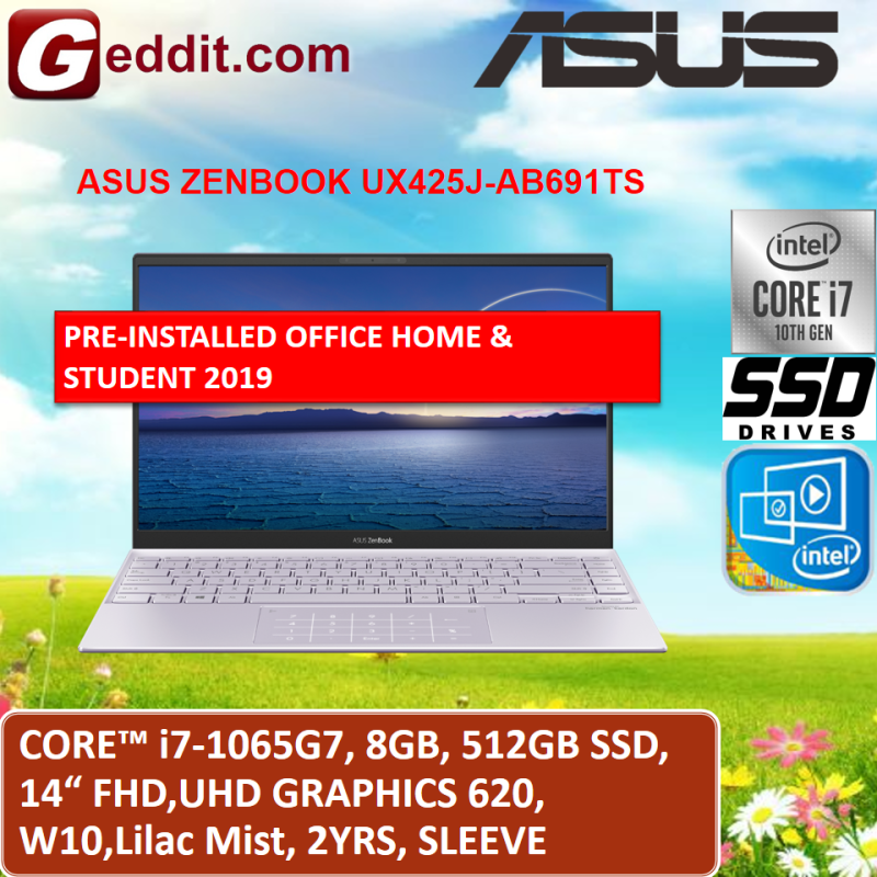 ASUS ZENBOOK UX425J-AB689TS / UX425J-ABM691TS LAPTOP (I7-1065G7,8GB,512GB SSD,14 FHD,UHD GRAPHICS 620,WIN10) FREE SLEEVE + PRE-INSTALLED OFFICE H&S 2019 Malaysia