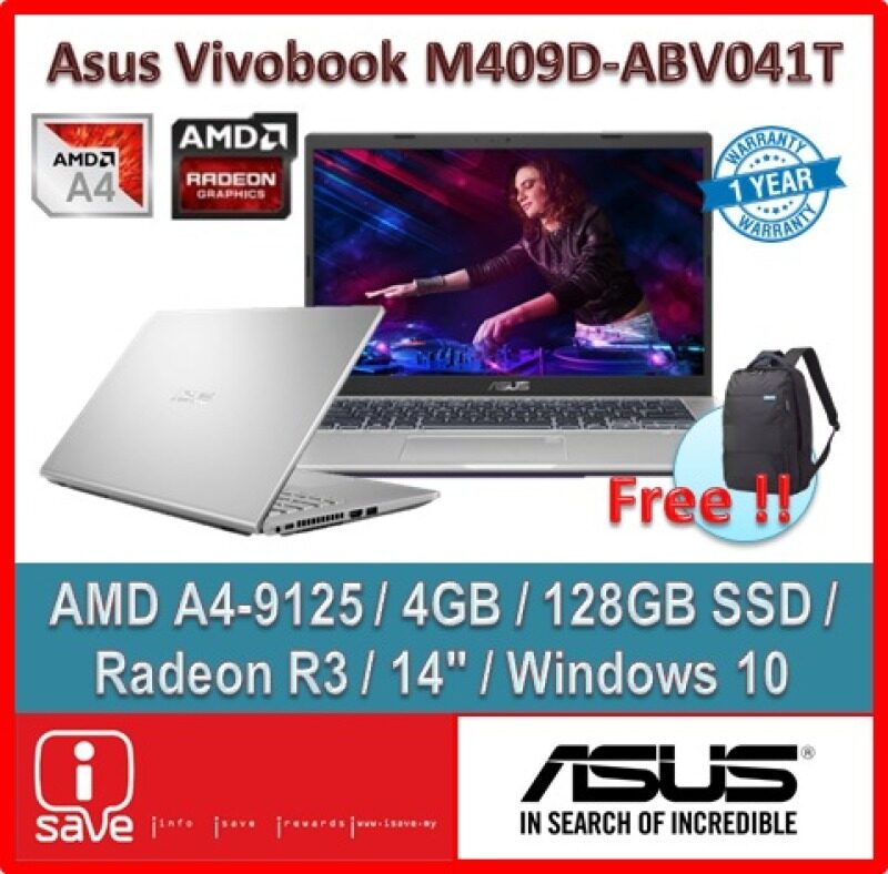 ASUS Laptop Vivobook M409B-ABV041T 14 Transparent Silver ( A4-9125, 4GB, 128GB SSD, ATI, W10 ) Malaysia