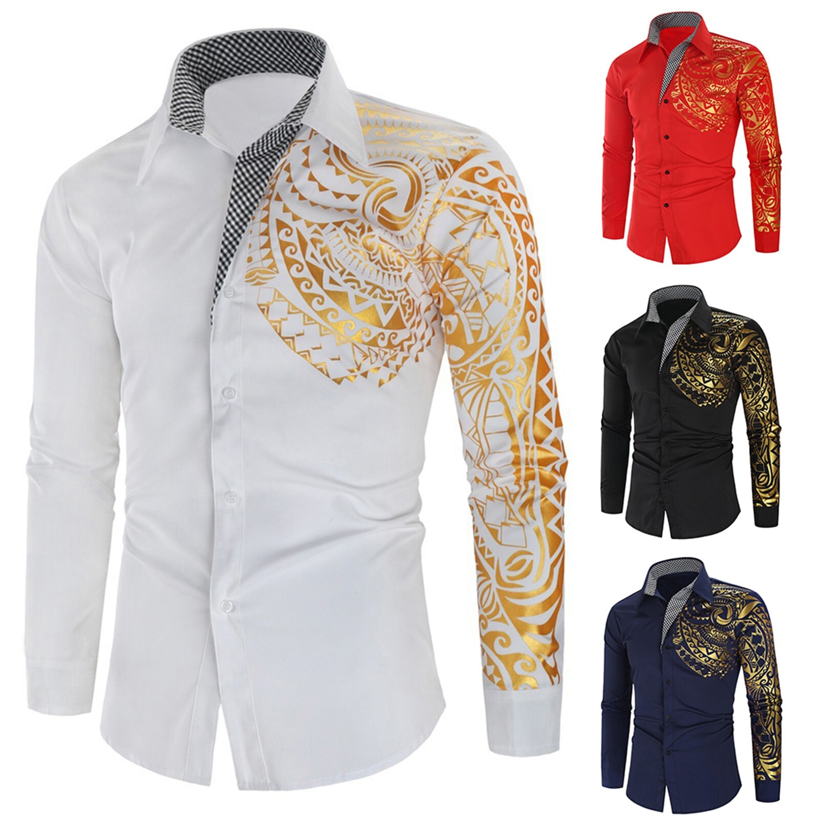 Ruimu Printed Shirts Korean Style Bronzing Design Cotton Men Printed Dress Shirts Long Sleeve for Daily Life