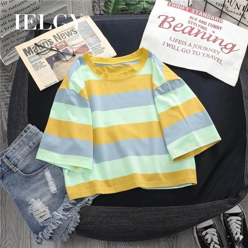 IELGY Loose Rainbow Stripe Short Sleeve T-Shirt