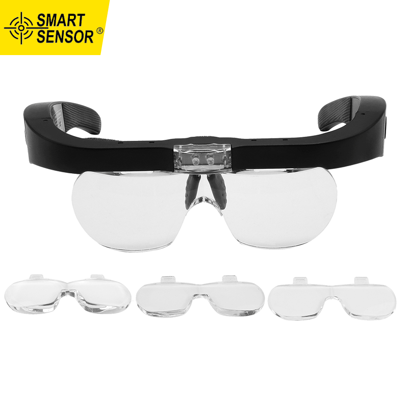 Smart Sensor 5X Magnifying Headset with LED Light Magnifying Glass Head Mounted Jewelry Loupe Magnifier with Multiple Lens 2 LED Lights for Crafting Clock Watch Electronics Repair Hobby Tool