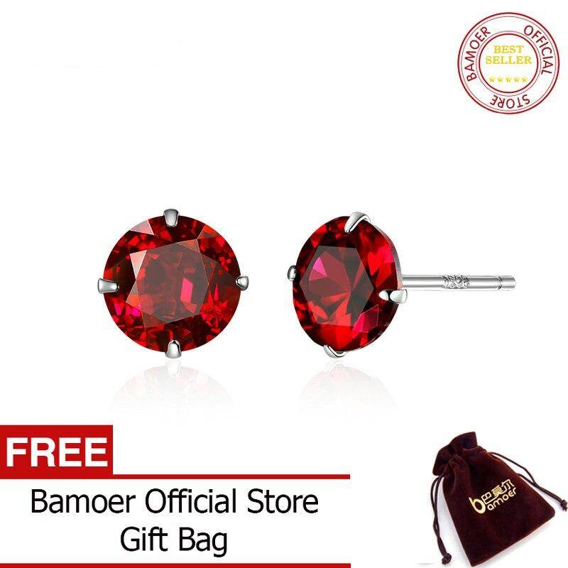 BAMOER Red Cubic Zirconia Stud Earrings for Women 925 Sterling Silver Wedding Engagement Stud Jewelry BSE166