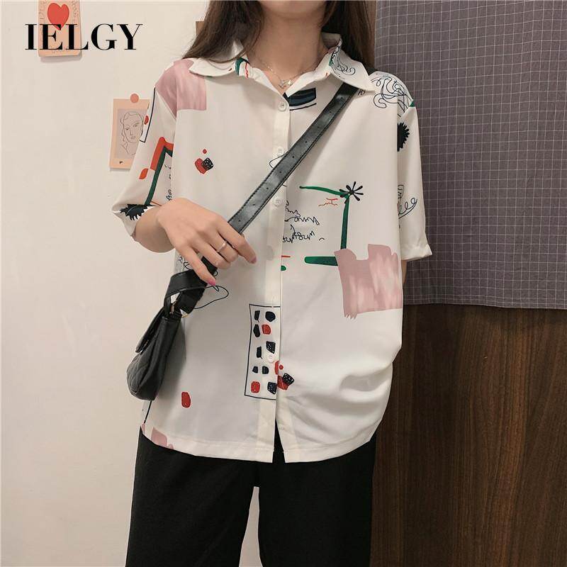IELGY Short sleeve Summer Trend Women's shirt Young Retro Commuter Fashion Print