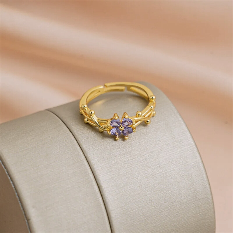【HOMP】Purple clover zircon open ring women gift