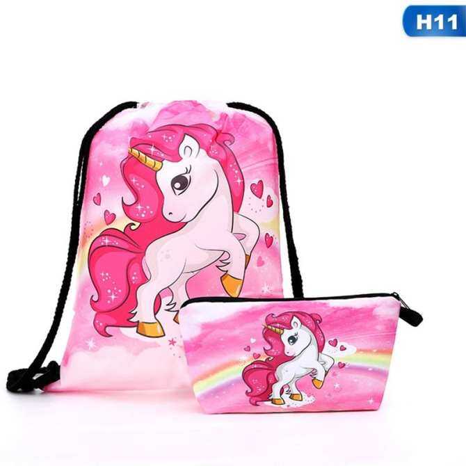 Andrew Beautyonline Unicorn Drawstring Backpack Makeup Bag Set - Waterproof Drawstring Bag Print Backpack Travel Gym Bags Unicorn Gifts for Girls