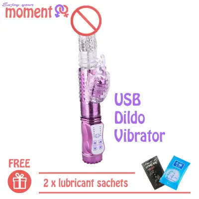 [RECOMMENDED!] USB Rechargeable 15 Speed Vibration G-Spot Rabbit Penis VIbrating Dildo Vibrator with Clitoris Vibrator (Purple / Gold) - Sex Toys For Woman