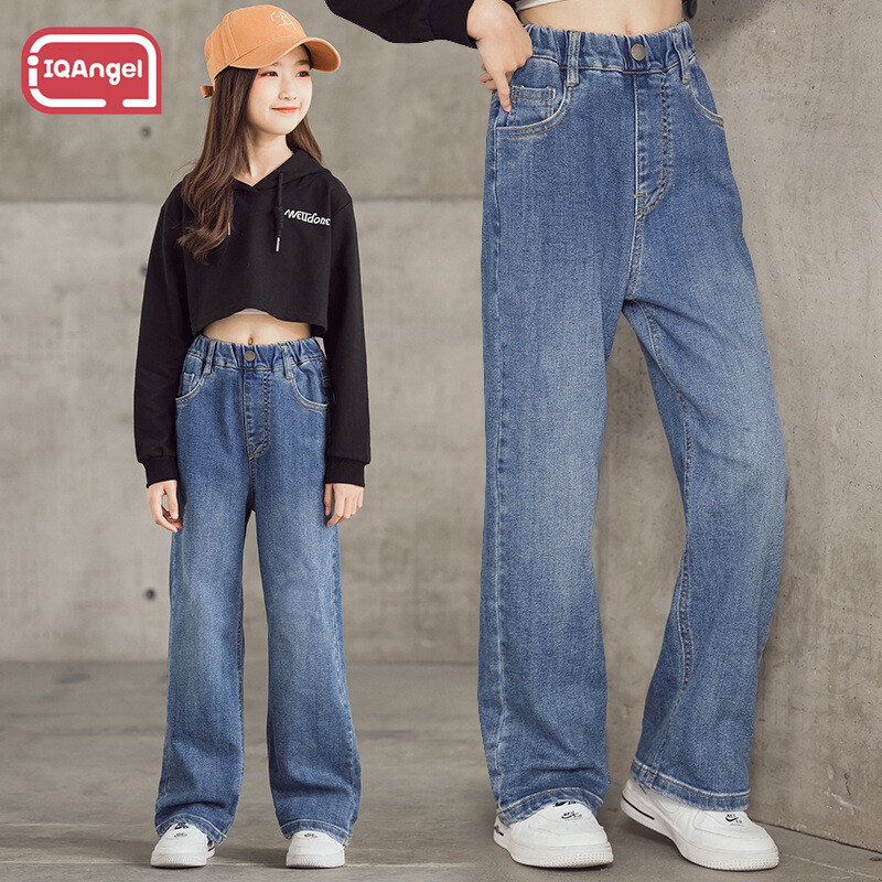 Aolang quần ống rộng denim cho bé gái quần ống rộng mặc ngoài đơn giản quần ống rộng denim