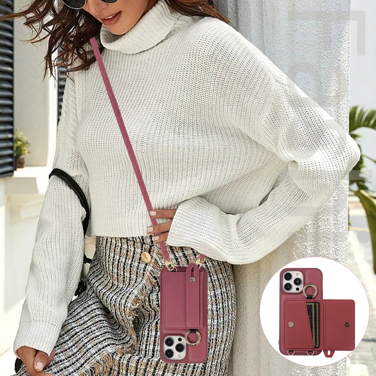 Crossbody Wallet Case for iPhone 15 Pro Max iphone 14 Pro Max iPhone 13/12 Pro Max iphone 11 Case Credit Card Holder Leather Wristband bracket Crossbody Strap Lanyard Ribbon iphone Case