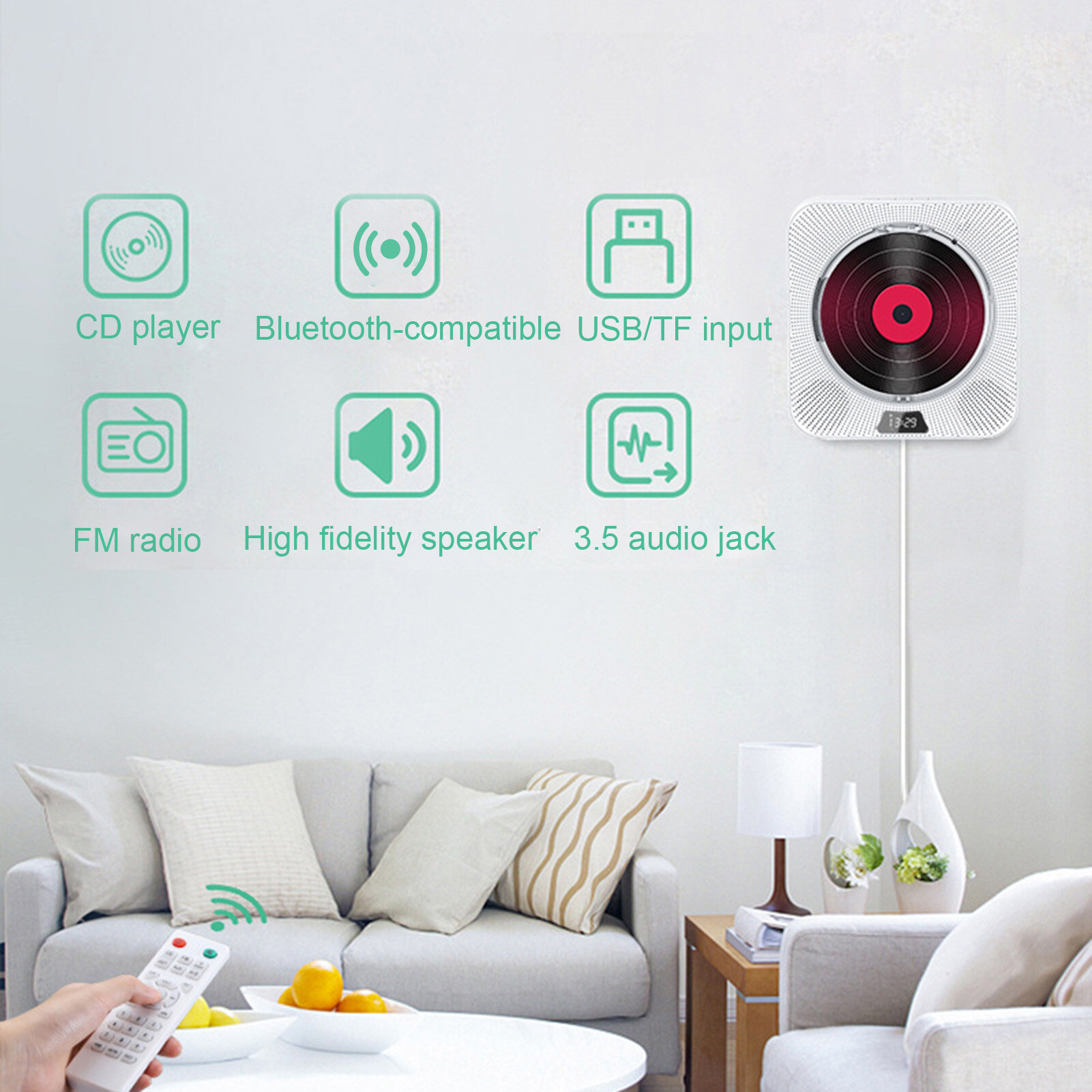 1 Set Disc Player Wall-mounted Disc /TF Repeat Built-in Bluetooth-compatible Multi-functional Disc Music Player Office Supply Learning Machines Disc
