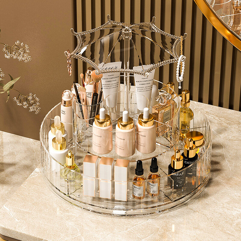 Cosmetics storage box, transparent large capacity rotatable palette, makeup brush barrel, dressing table, lipstick, skin care product shelf