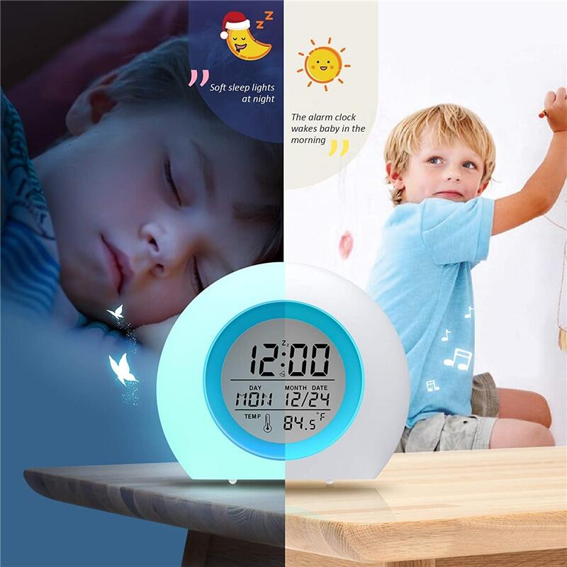 Kids Digital Alarm Clock 7 Color Night Light Snooze Temperature Detect