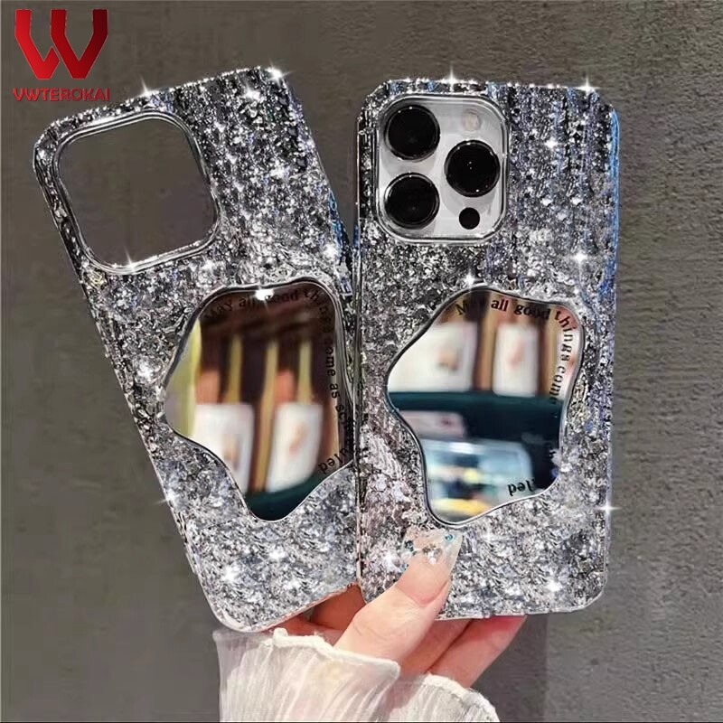 VWTEROKAI Luxury Gold Bling Makeup Mirror Phone Cases For VIVO Y16 Y36 Y75-5G /Y55-5G /T1-5G Y91/Y91C/Y95/Y93/Y21 Y21S Y33S V20 PRO Y12A Y20 Y20i Y20S Y12S Y17 Y12 Y12i Y50 Y30 Y30i V27 Soft TPU Glitter Case Cover