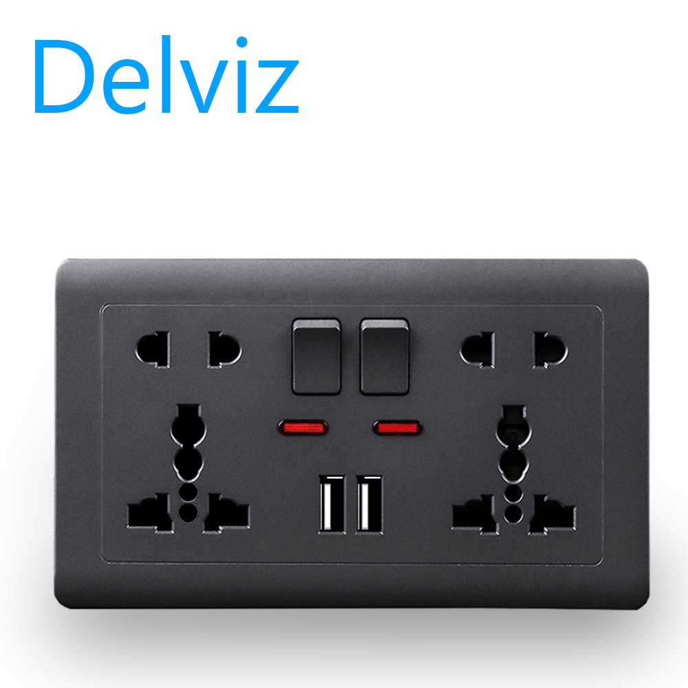 Delviz (UK/EU/US socket) wall power socket 13A with switch control, USB socket intelligent quick charging 5V2100mA. 5-hole panel 146mm*86mm, with socket mounting box.