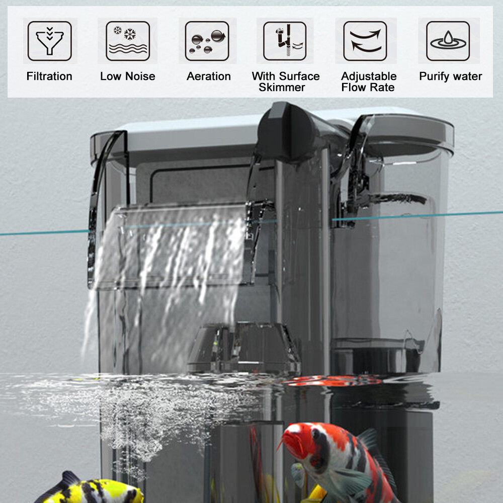 External Fish Tank Aquarium Filter Waterfall Suspension Hanging Filter Low Noise Filtration Aeration Adjustable Flow Rate with Surface Skimmer