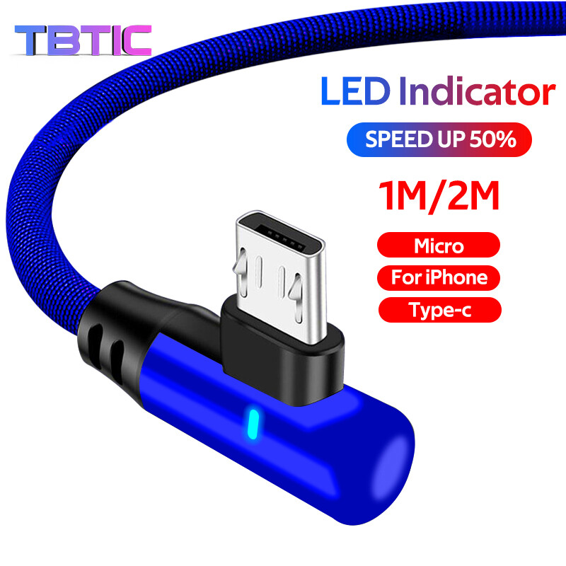 TBTIC Fast Charging Cable 1M 90 Degree Double Elbow Led Light Lightning TypeC Micro USB for Samsung OPPO VIVO Huawei Xiaomi iPhone iPad phone date cord