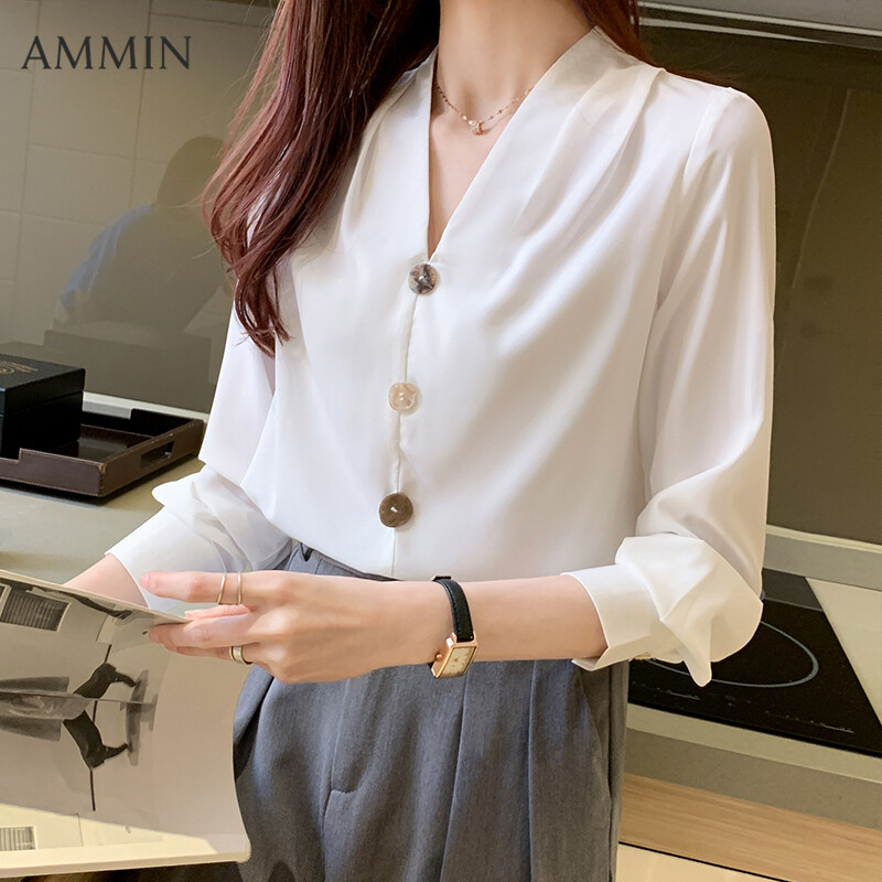 AMMIN white shirt for women French V-neck blouse new retro casual chiffon blouse