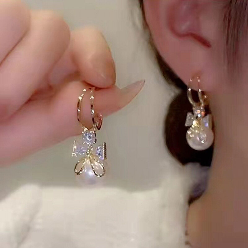Bông Tai Mặt Hình Nơ Đính Đá Zircon Pha Lê Xu Hướng Thời Trang Cho Nữ Bông Tai Lủng Lẳng Giả Ngọc Trai Dự Tiệc Cho Nữ Trang Sức Bán Buôn Sang Trọng