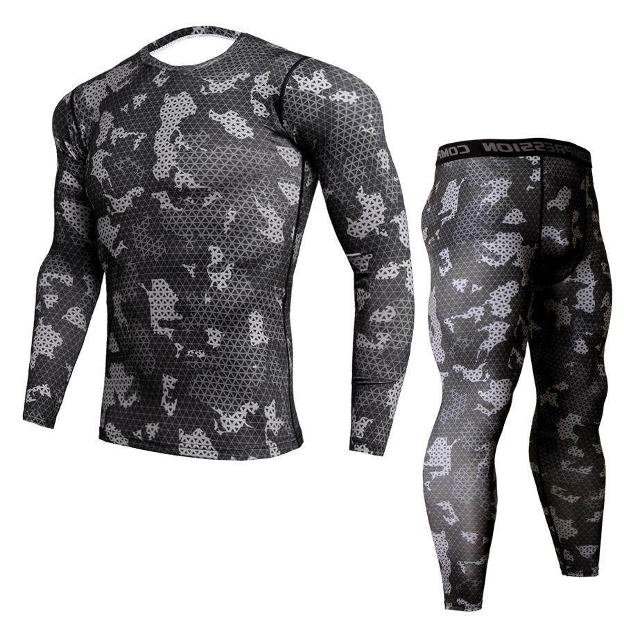 Men Long Sleeve Compression Cool Dry Sport Set Gym Tight T-shirt Pants Suit