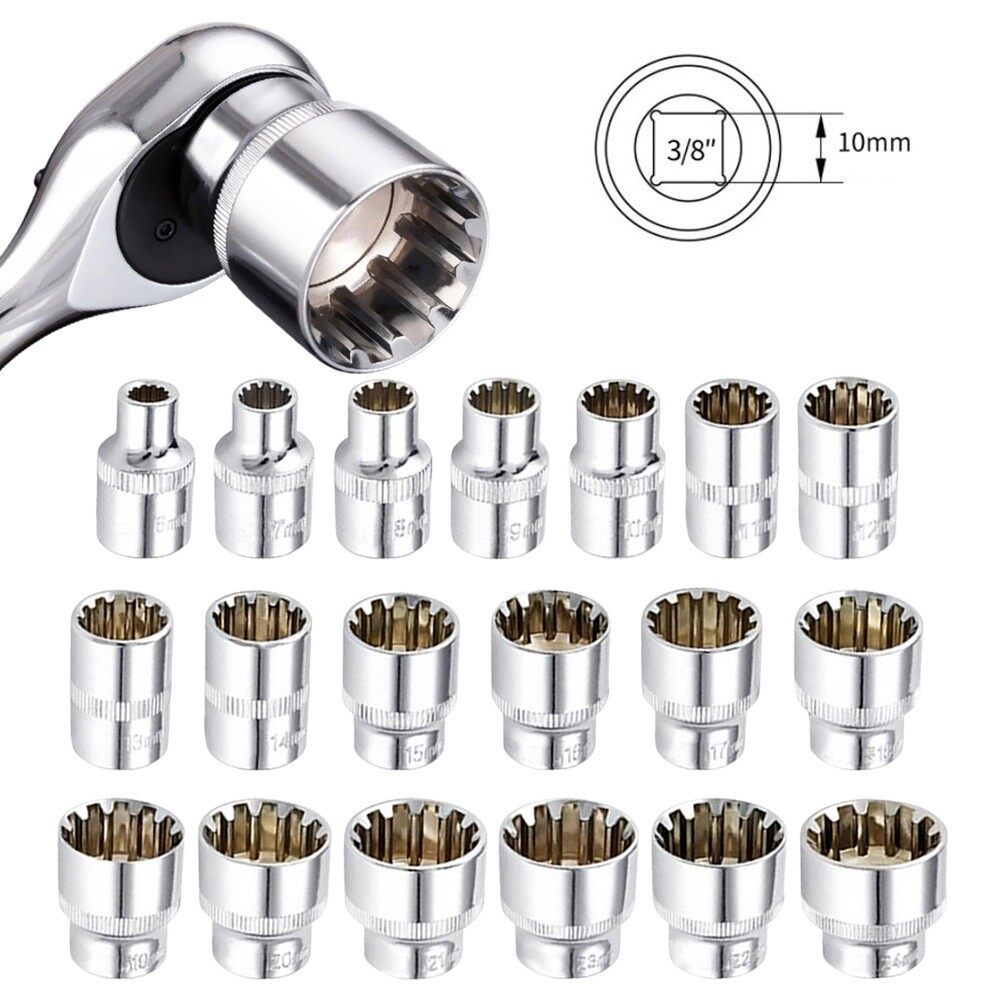 Socket Set 12 Point Socket Bit 3/8" Square Drive For Ratchet Wrench Ratchet Socket Adaptor For Handle Slotted Ratchet Extension Drive Locks Corrosion Resistant