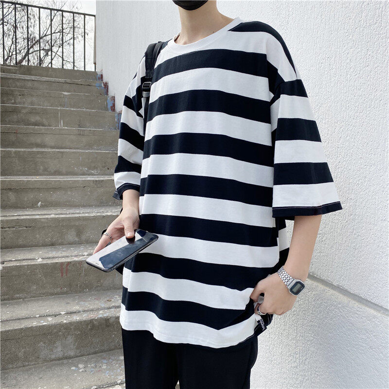 [S-5XL] t shirt Men Oversize Short Sleeve Harajuku Style Summer Half Sleeve tshirts Stripe Casual t-shirts Korean Clothes Fashion Tops Couple tee