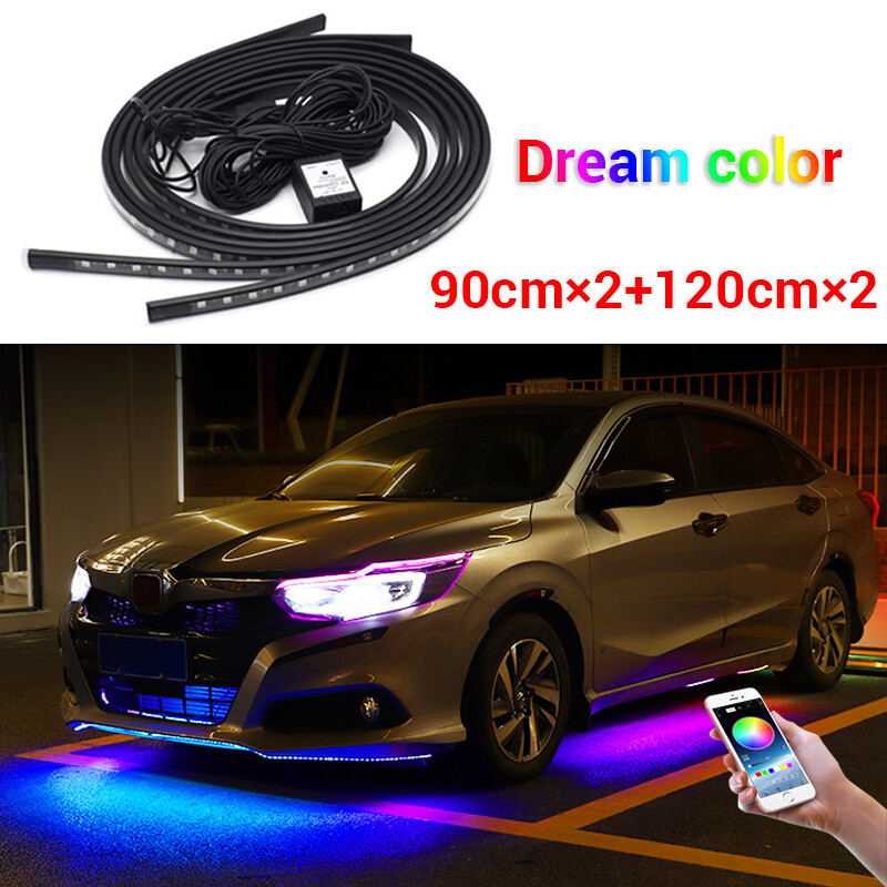 4PCS 12V Car Underglow Lights Flowing Color RGB LED Strips Light App Control Underbody Decorection Lamp