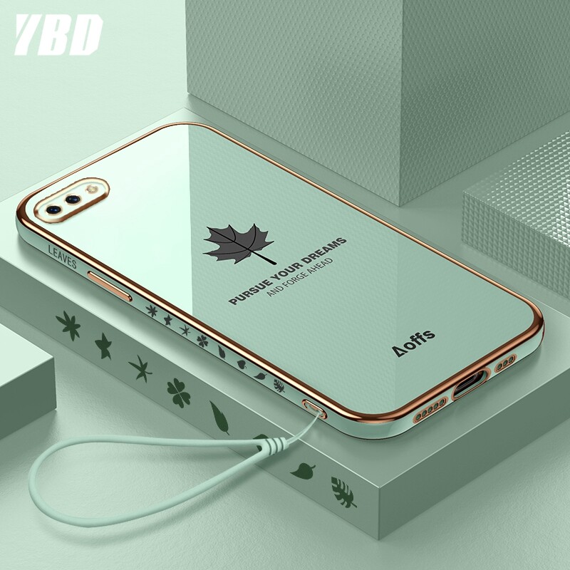YBD Straight Edge Plating Phone case For OPPO A3S A12E Realme C1 casing,Precise Camera Protection case Maple leaf pattern cover with Free lanyard