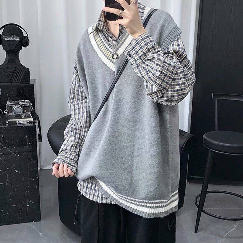 Men's autumn sleeveless knitted sleeveless, personalized color-blocking sweater vest, college style couple literary loose sweater, sleeveless sweater vest for men, wool vest vest, men's autumn and winter trendy inner clothes.