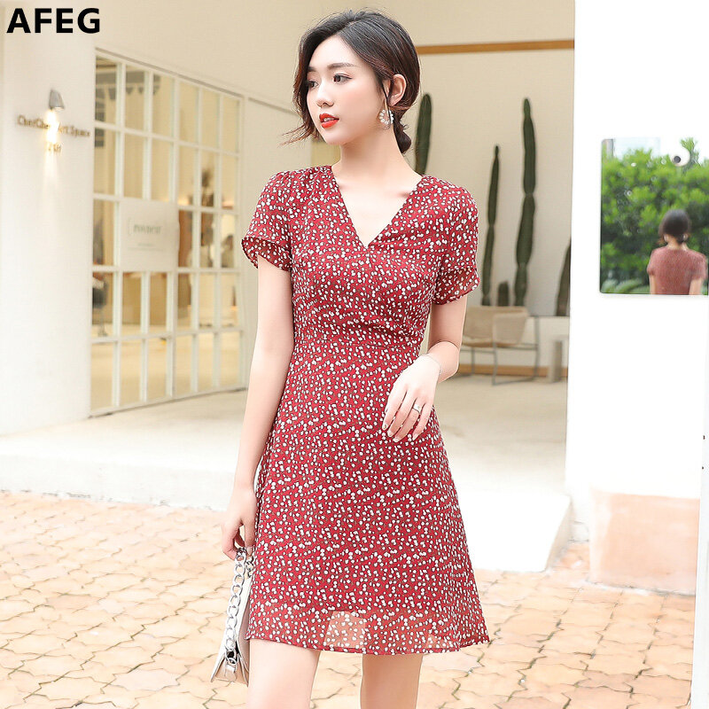 AFEG new Korean women's short-sleeved V-neck floral chiffon casual fashion wild temperament elegant dress