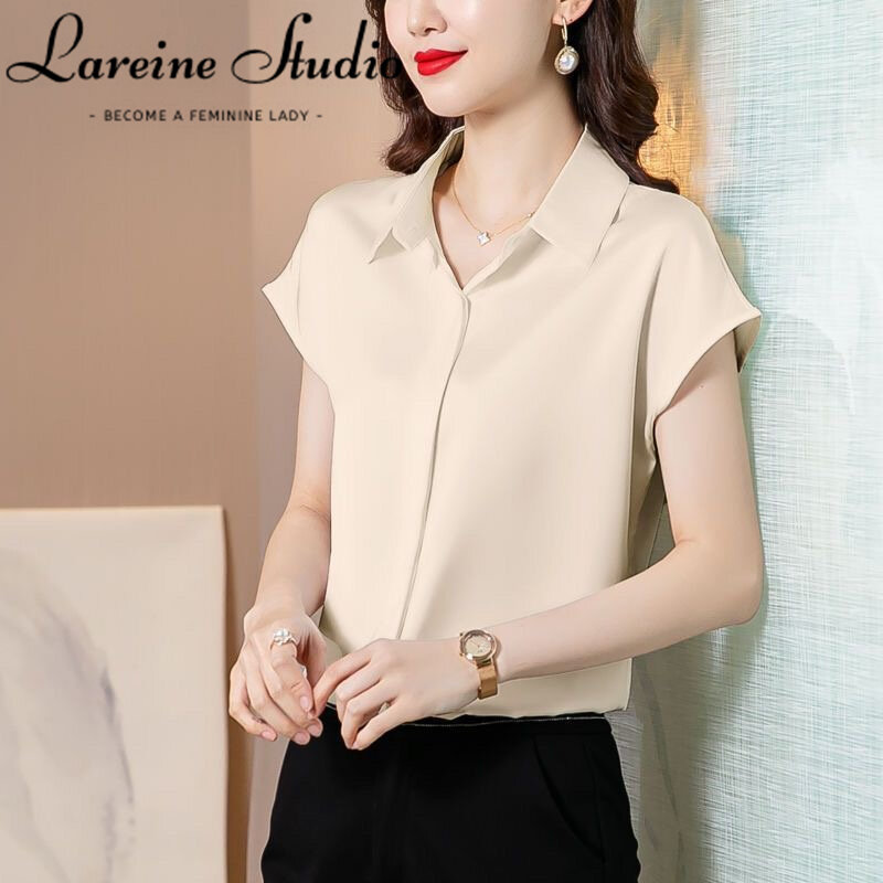 Lareine 2024 Phụ Nữ Của Áo Sơ Mi Ngắn Tay Cho Mùa Hè Phong Cách sang trọng Hàn Quốc Màu Trơn Áo công sở Cho Phụ Nữ