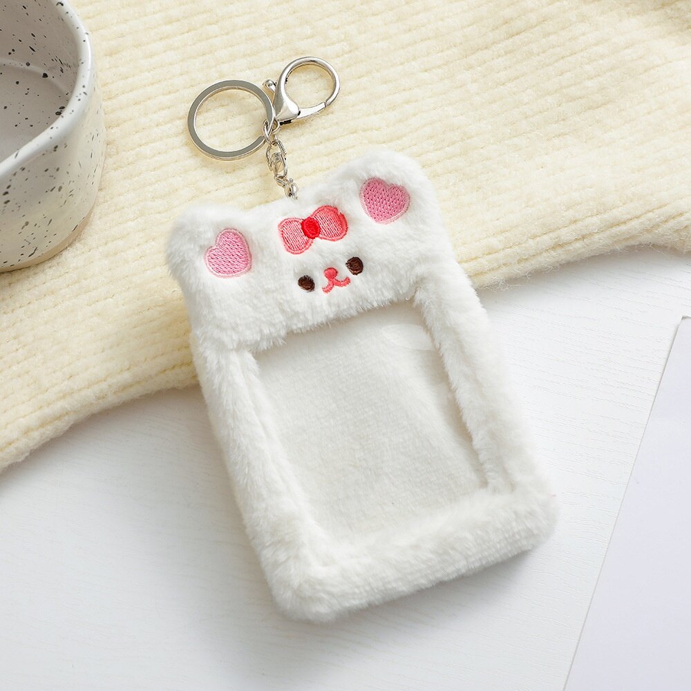 INS Plush Rabbit Photocard Holder with Keychain Cute Bear Credit ID Bank Card Bag Idol Photo Protective Case Stationery