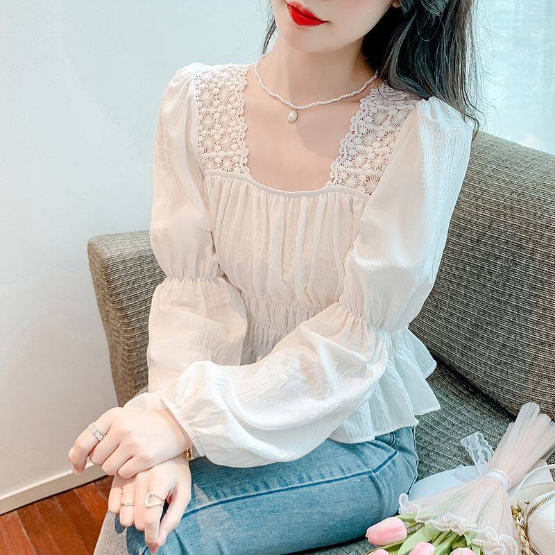Áo Kiểu Aki20 Cho Nữ 2023 Áo Kiểu Dáng Cổ Vuông Tay Bồng Phong Cách Hàn Quốc Đầu Xuân 2023 Mới Kiểu Pháp Gập Eo Áo Kiểu Nữ Cổ Dài Tay Ngắn Nhỏ Ngọt Ngào Tươi Tắn