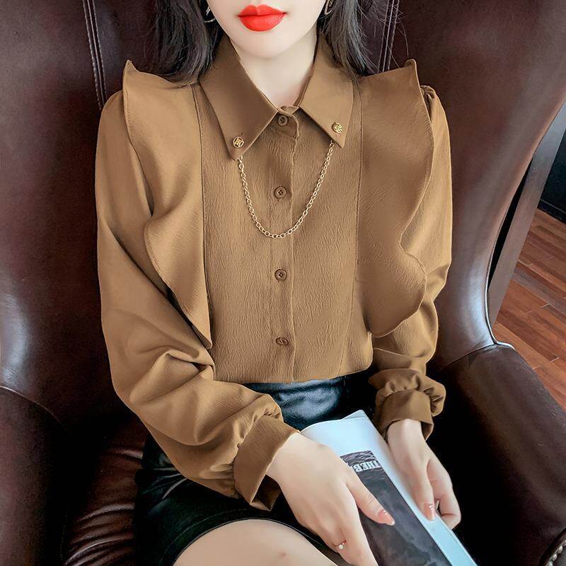 Spring Vintage Port Style Lotus Leaf Edge Patchwork Shirt Women's Crowd Loose Chic Top
