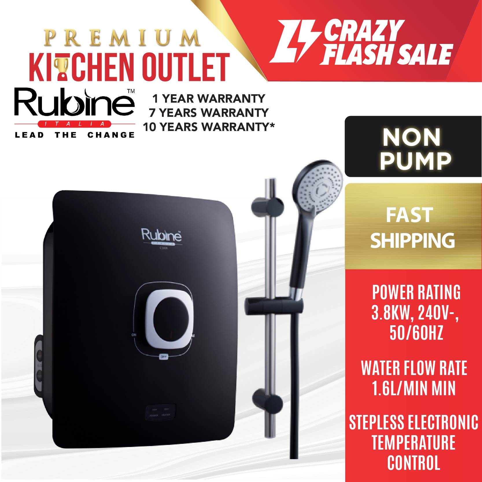 Rubine Water Heater RWHC500NBSB / MASB Cubo Series NonPump Water