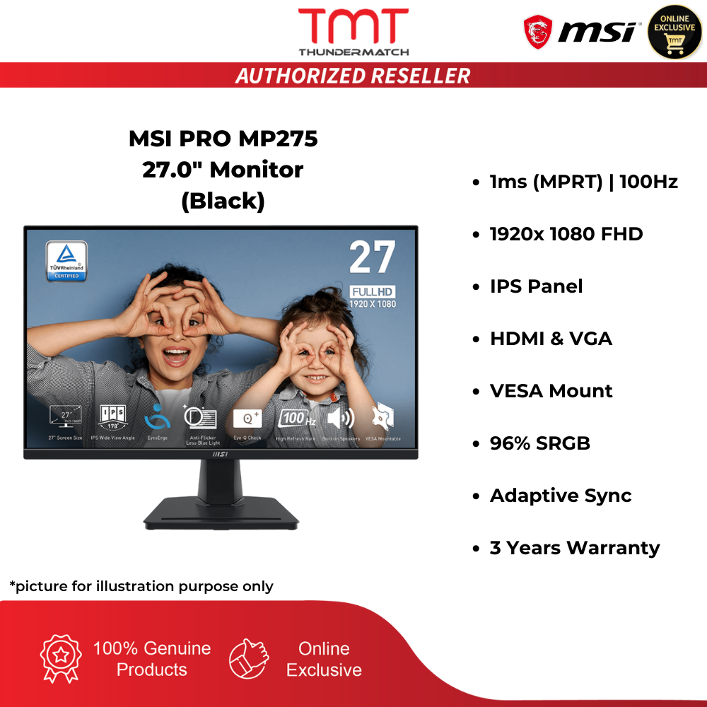 MSI PRO MP275 27.0" Monitor (Black) 1ms(MPRT) 100Hz 1920x1080 FHD