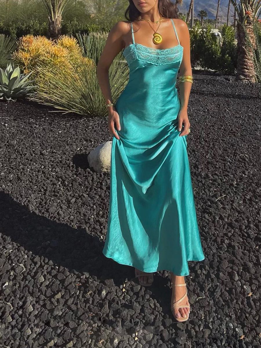 Women Lace Patchwork Slip Dress Y2K Spaghetti Strap Backless Summer Long Dress Elegant Solid Color Evening Party Dress