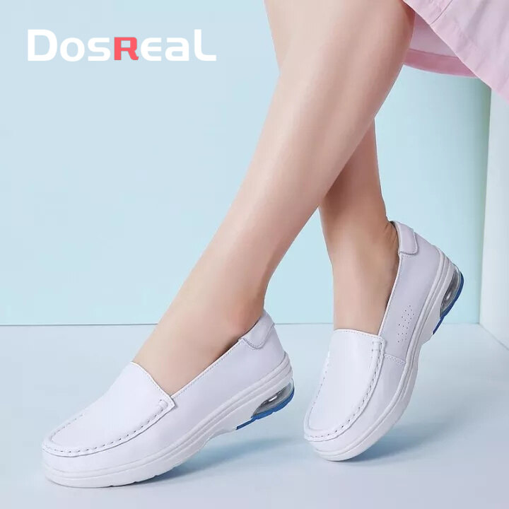 DOREAL Woman Pure White Nurse Shoes Women Comfortable Light Loafers Shoes Air cushion Casual Leather Slip On Women Shoes