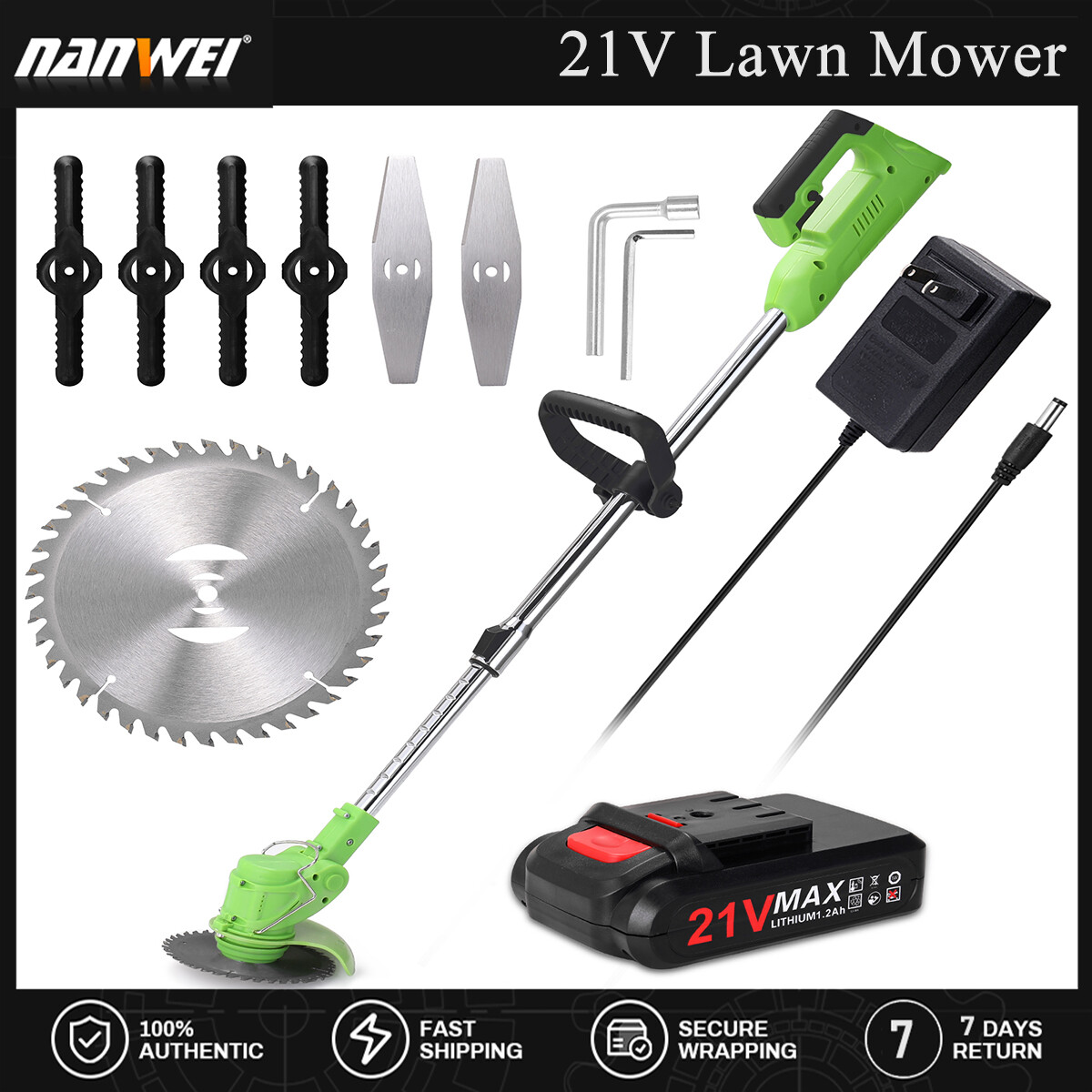 NANWEI Electric Lawn Mower with Rechargeable Li-ion B-attery Cordless Grass Trimmer Auto Release Household Portable Garden Home Trimming Machine for Gardening Green
