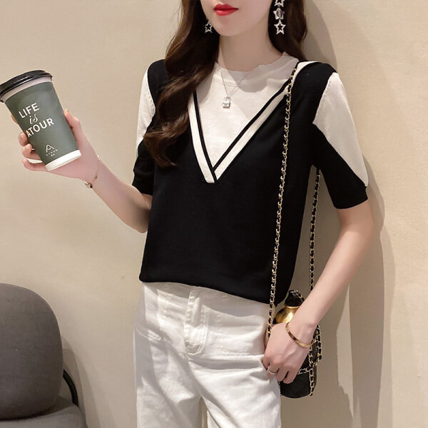 Luckin store women stripe tops women's ice silk retro short sleeve summer new loose blouse round neck blouse summer tops