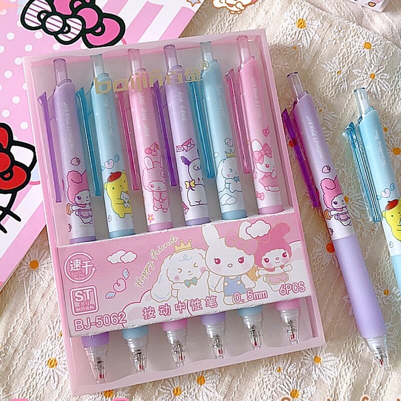 6Pcs Cartoon Sanrio Series Gel Pen Set 0.5mm Black Ink Signature Pen ST Nib Gel Pen Stationery Supplies