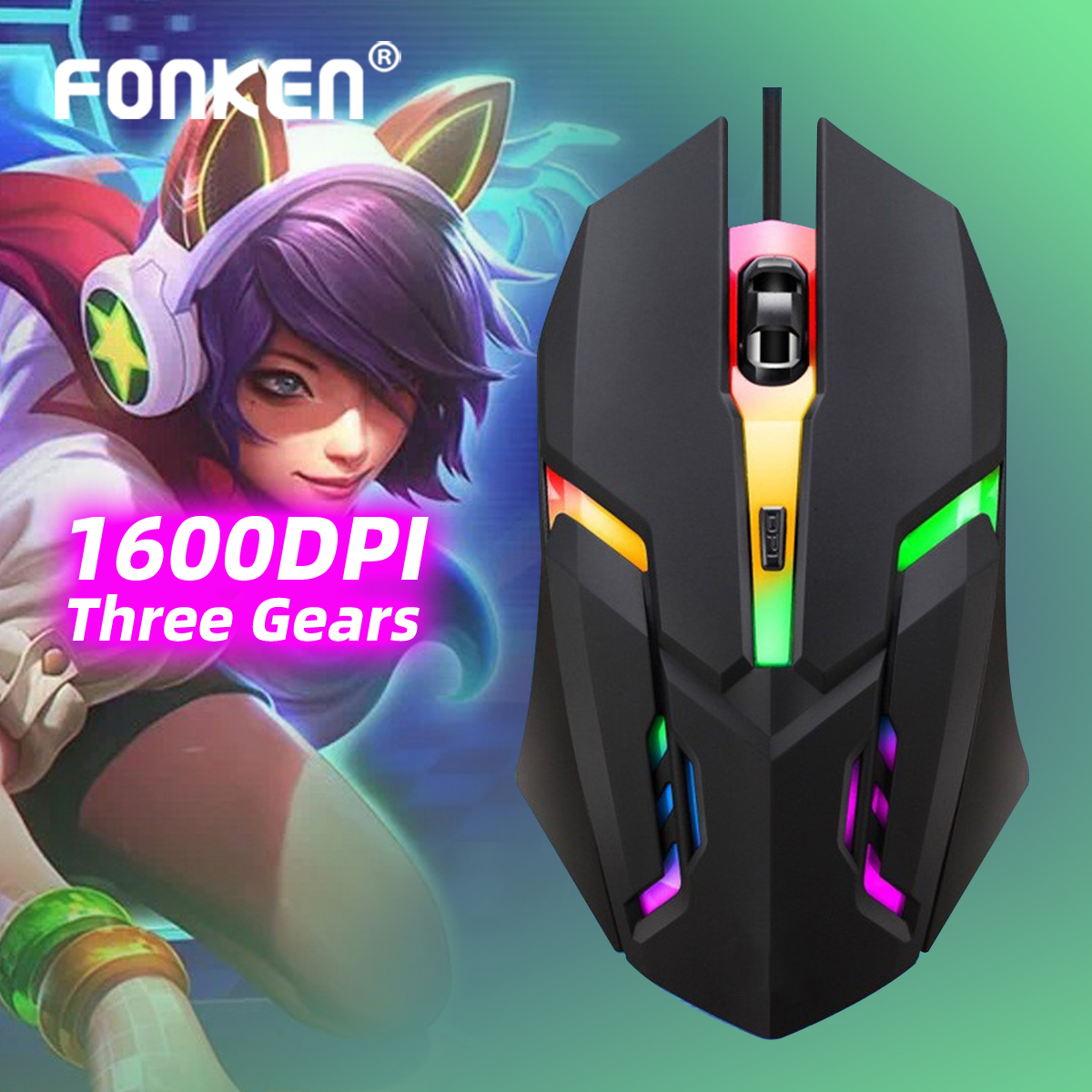 Fonken Backlight USB Wired Gaming Mouse 1600 DPI Optical 3 Buttons Game Mice Mouse For PC Laptop Computer 1.2M Cable USB Game Wired Luminous Mouse