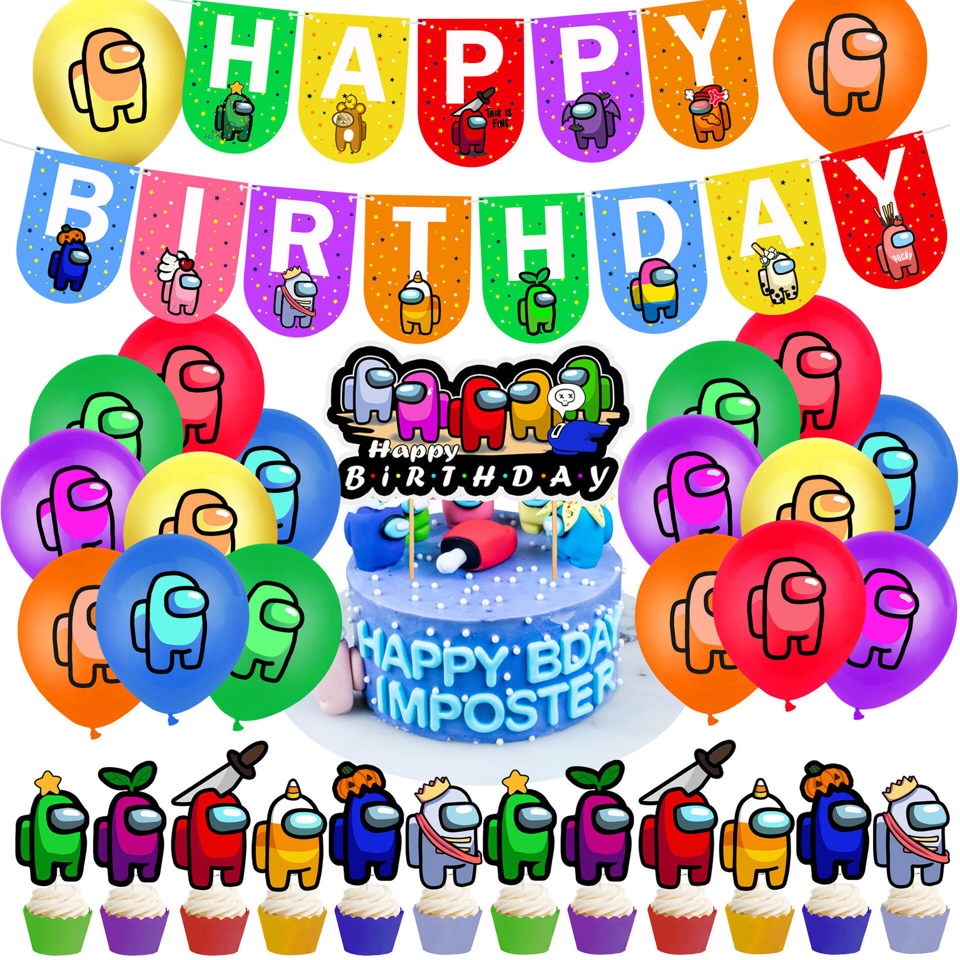 Toystoryshop 40Pcs/set Among Us theme Balloon Deluxe with Happy Birthday party decoration Banner and Cake Card Party Supplies Home Decor Cartoon Toys Christmas Gift for Kids boys