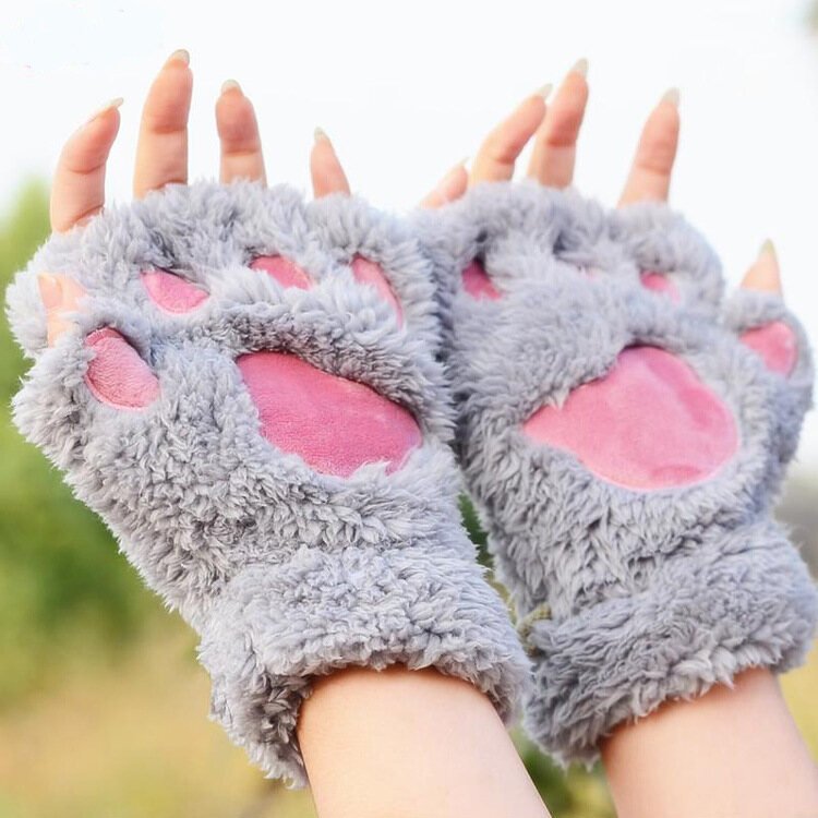Girl Warm Winter Plush Gloves Lovely Cat Paw Gloves Short Fingerless Gloves Half Finger Gloves Knitted Keyboard Gloves Mitten