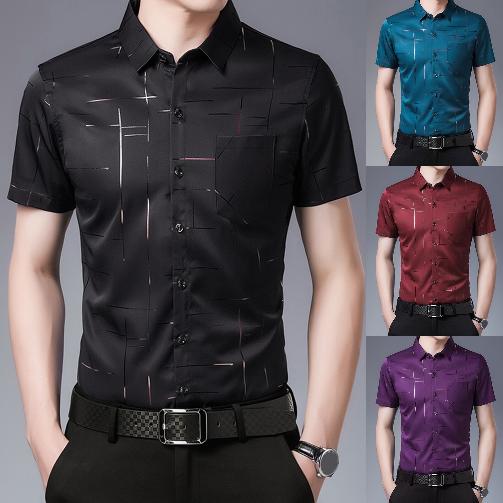 Benferry Men Shirt Business Formal Turn-down Collar Silky Summer Top for Work